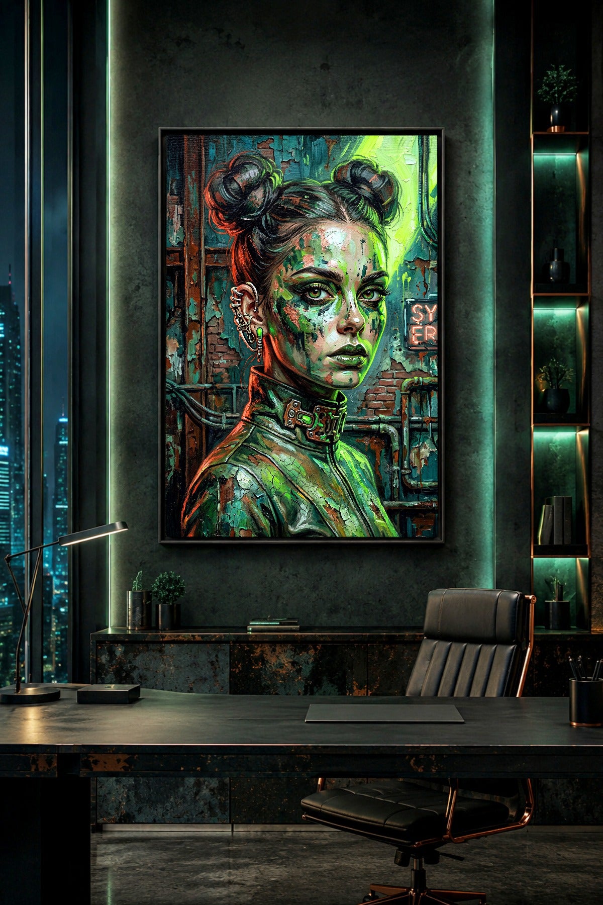 Digitales Industrial Decor Poster mit Cyber-Goth-Porträt, grünem Neonlicht, Piercings, technischem Kragen und verwitterter Wandstruktur.