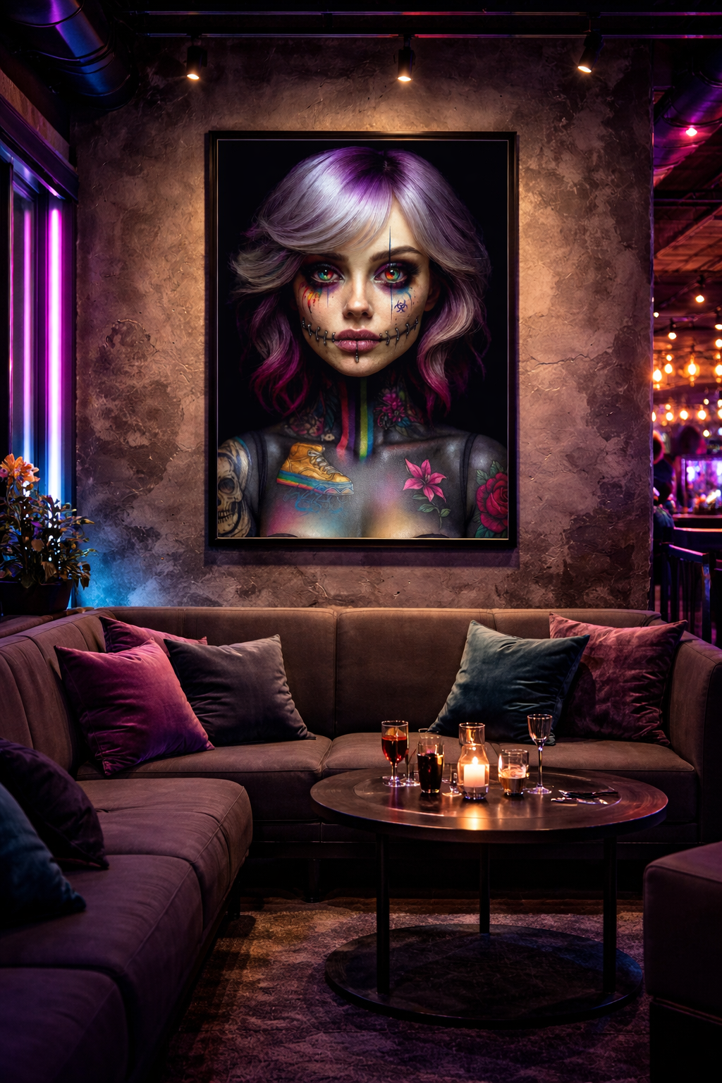 Cyberpunk-Porträt einer Frau mit violetten Haaren, aufwendigen Tattoos am Hals und neonfarbenen Akzenten im Stil moderner Dark Art.
