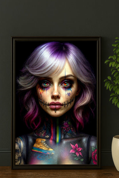Cyberpunk-Porträt einer Frau mit violetten Haaren, aufwendigen Tattoos am Hals und neonfarbenen Akzenten im Stil moderner Dark Art.