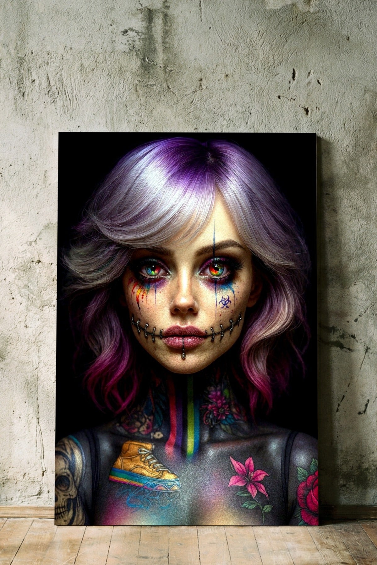 Cyberpunk-Porträt einer Frau mit violetten Haaren, aufwendigen Tattoos am Hals und neonfarbenen Akzenten im Stil moderner Dark Art.