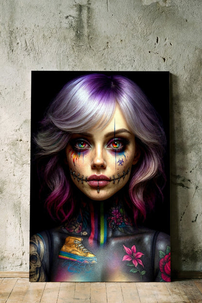 Cyberpunk-Porträt einer Frau mit violetten Haaren, aufwendigen Tattoos am Hals und neonfarbenen Akzenten im Stil moderner Dark Art.