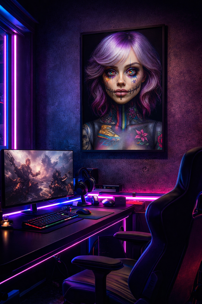 Cyberpunk-Porträt einer Frau mit violetten Haaren, aufwendigen Tattoos am Hals und neonfarbenen Akzenten im Stil moderner Dark Art.