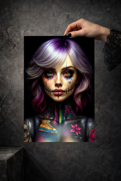 Cyberpunk-Porträt einer Frau mit violetten Haaren, aufwendigen Tattoos am Hals und neonfarbenen Akzenten im Stil moderner Dark Art.