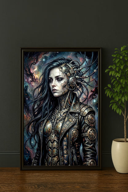 Cyberpunk Poster mit biomechanischer Frau, dunkler Metallrüstung, Kabeln und kosmischem Hintergrund in Blau, Grau und Kupfer.