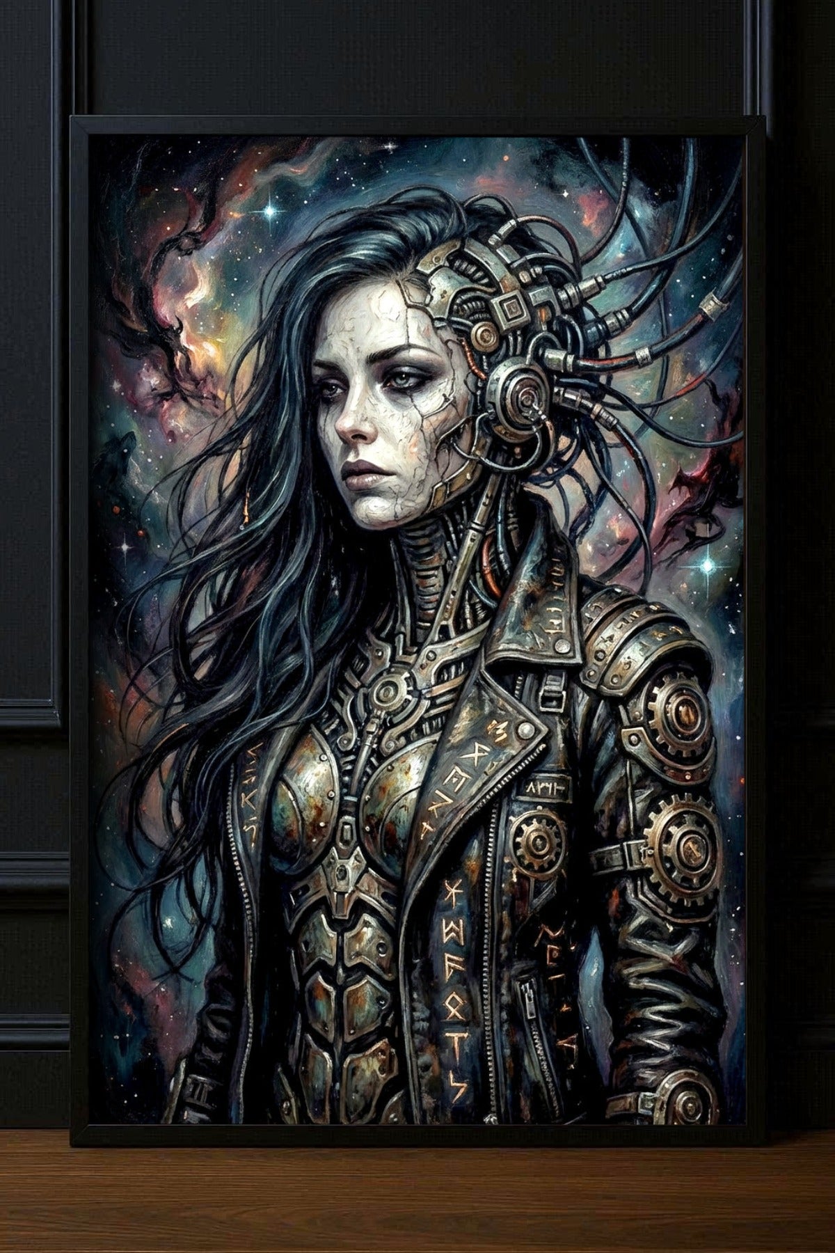 Großes Cyberpunk Poster mit biomechanischem Frauenporträt, dunklem Haar, Kabeln, Metallrüstung und sternenartigem Sci-Fi Hintergrund
