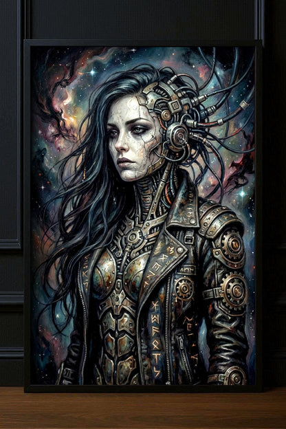 Großes Cyberpunk Poster mit biomechanischem Frauenporträt, dunklem Haar, Kabeln, Metallrüstung und sternenartigem Sci-Fi Hintergrund