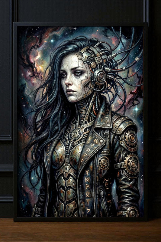 Großes Cyberpunk Poster mit biomechanischem Frauenporträt, dunklem Haar, Kabeln, Metallrüstung und sternenartigem Sci-Fi Hintergrund