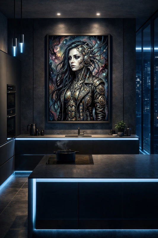 Gerahmtes Sci-Fi Wandbild in futuristischer Küche, Cyberpunk Frau mit mechanischen Details und kühlem blauem Neonlicht