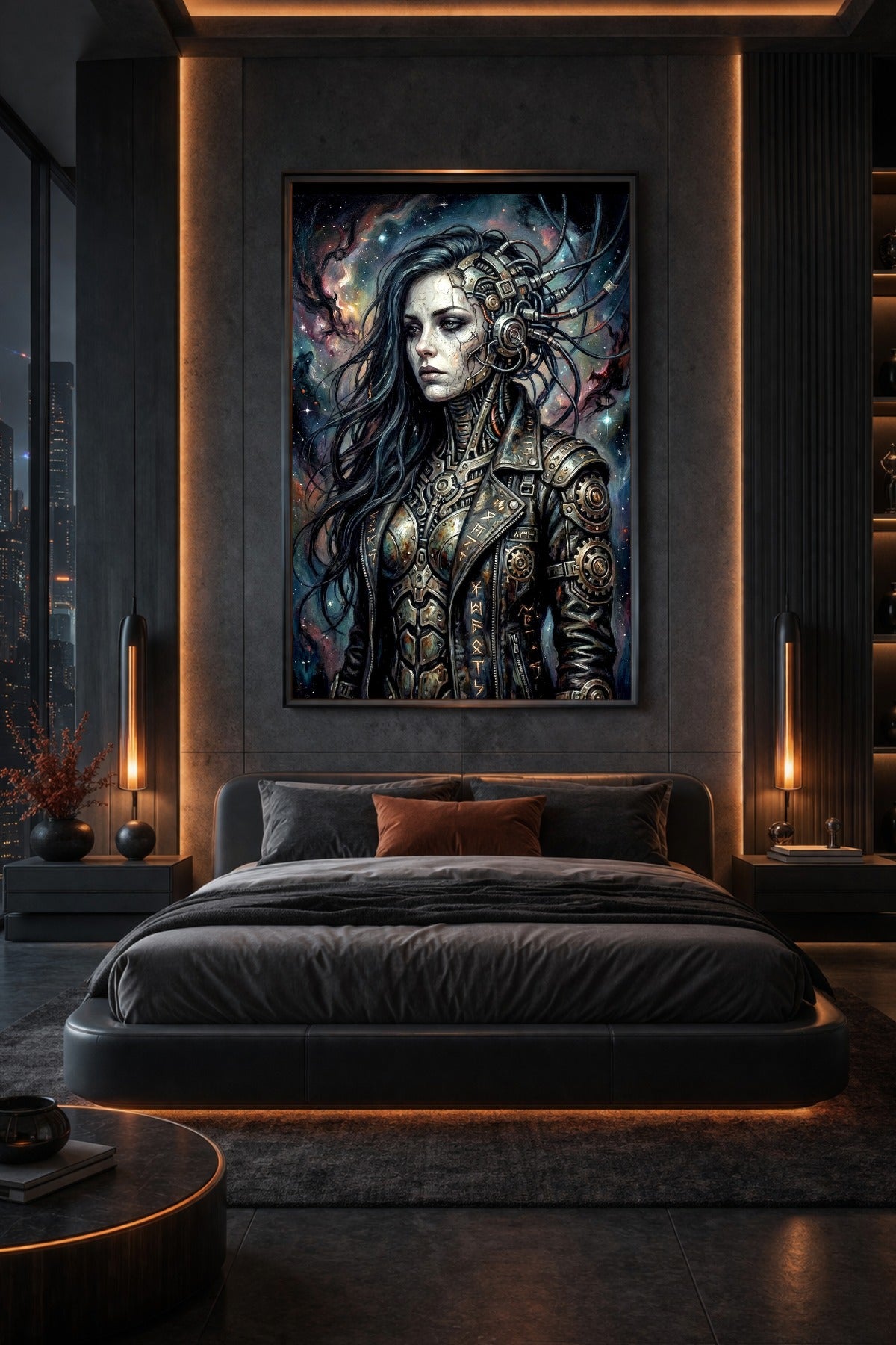 Digitales Cyberpunk-Wandbild mit biomechanischer Frau, dunkler Metalloptik, Kabeln und kosmischem Hintergrund in kühlen Blau- und Grautönen mit Kupferakzenten.