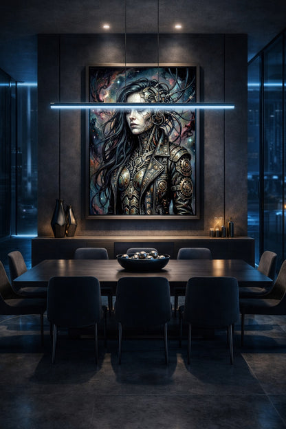 Cyberpunk Kunstposter mit einer biomechanischen Frau, dunkler Rüstung, technischen Kabeln und stimmungsvollem Hintergrund in Blau, Grau und Kupfer.