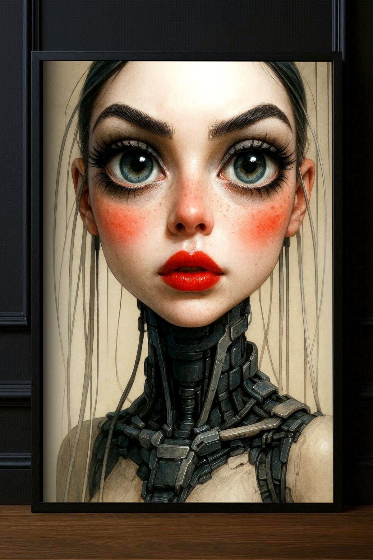 Modernes Cyberpunk-Poster: Futuristisches Porträt einer Frau mit großen blauen Augen, roten Lippen und biomechanischem Hals in Beige und Graphit.