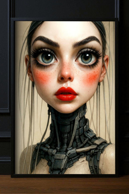 Modernes Cyberpunk-Poster: Futuristisches Porträt einer Frau mit großen blauen Augen, roten Lippen und biomechanischem Hals in Beige und Graphit.