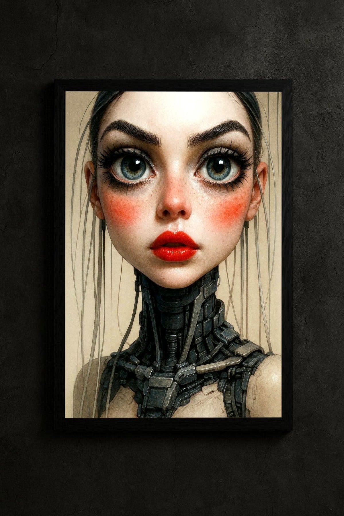 Modernes Cyberpunk-Poster: Futuristisches Porträt einer Frau mit großen blauen Augen, roten Lippen und biomechanischem Hals in Beige und Graphit.