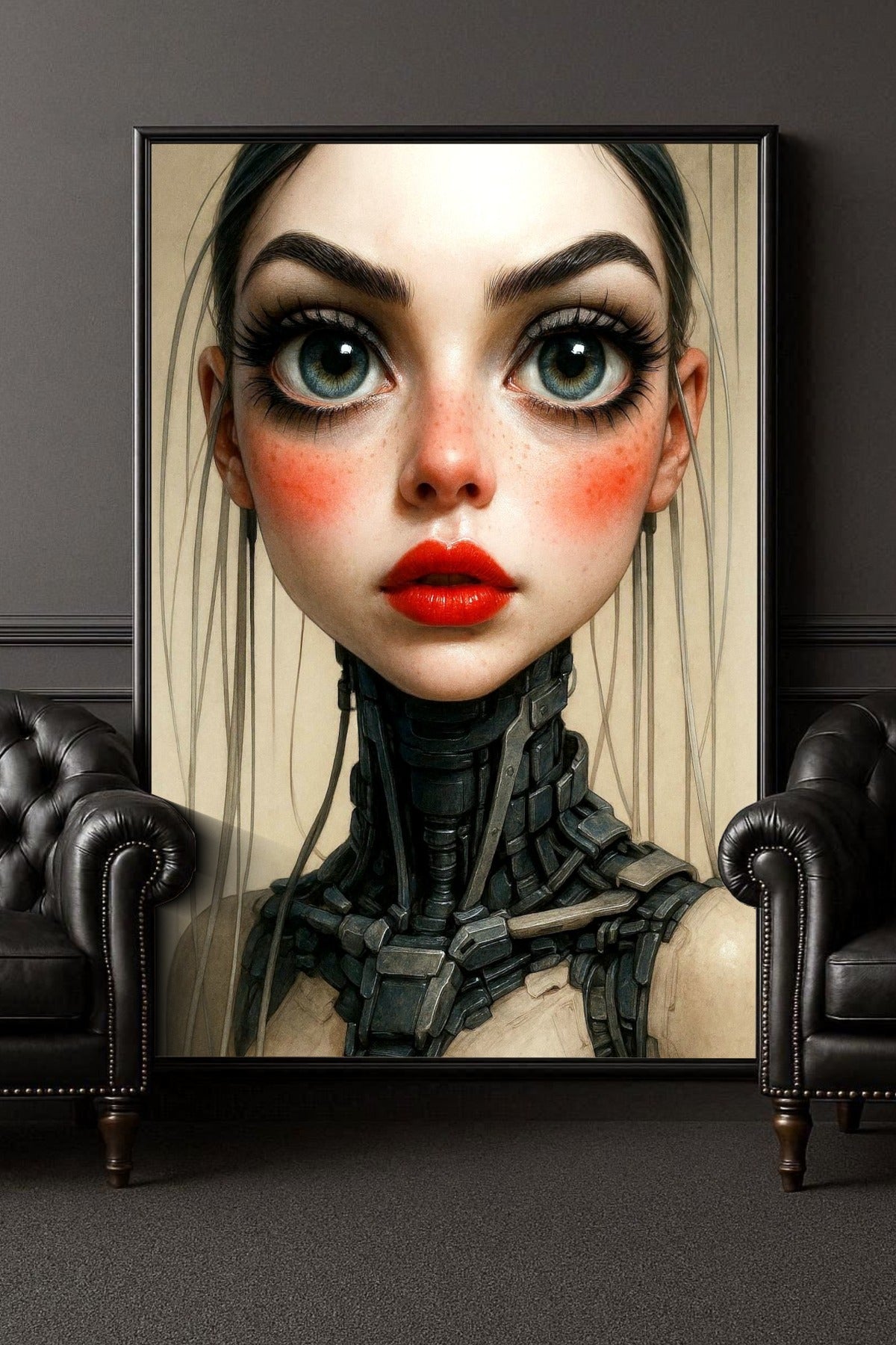Modernes Cyberpunk-Poster: Futuristisches Porträt einer Frau mit großen blauen Augen, roten Lippen und biomechanischem Hals in Beige und Graphit.