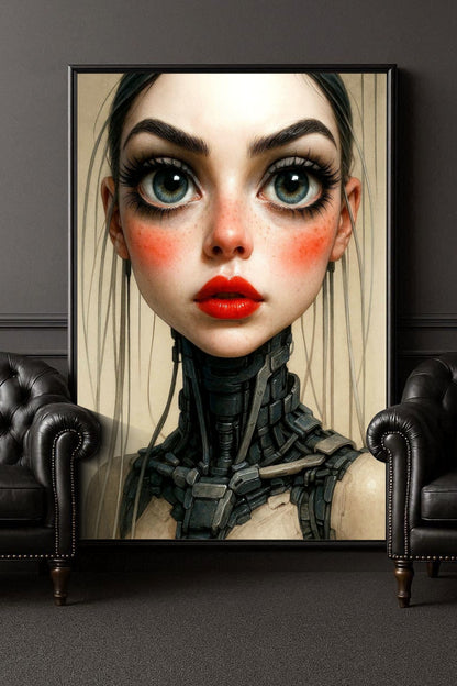 Modernes Cyberpunk-Poster: Futuristisches Porträt einer Frau mit großen blauen Augen, roten Lippen und biomechanischem Hals in Beige und Graphit.