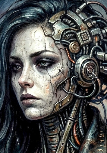 Detailsansicht. Cyberpunk Poster mit biomechanischer Frau, dunkler Metallrüstung, technischen Kabeln und kosmischem Hintergrund in Blau, Grau und Kupfer.