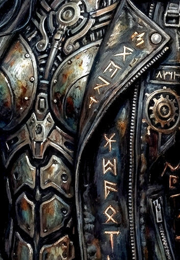 Detailsansicht. Futuristisches Wandbild mit biomechanischer Frauenfigur, dunkler Rüstung, Kabeldetails und atmosphärischem Hintergrund in Blau, Grau und kupfernen Tönen.