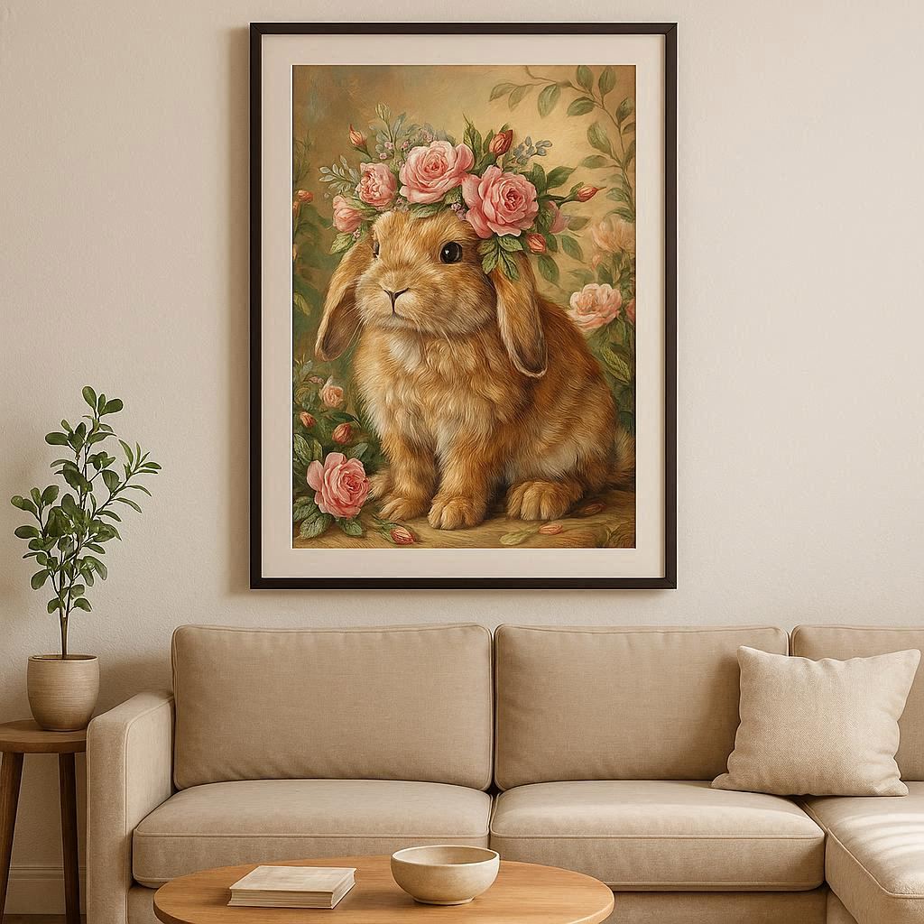 Malerisches Porträt eines braunen Kaninchens mit einem üppigen Kranz aus rosa Rosen, im Stil eines antiken Ölgemäldes für romantische Wandgestaltung.