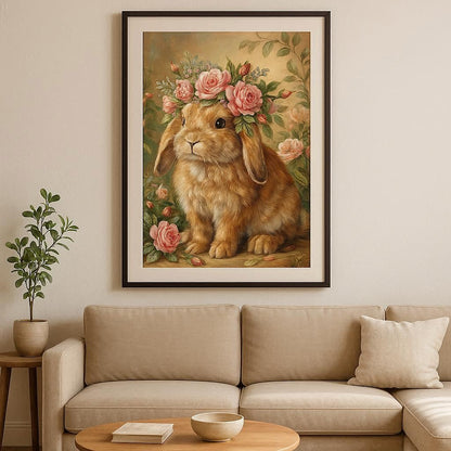 Malerisches Porträt eines braunen Kaninchens mit einem üppigen Kranz aus rosa Rosen, im Stil eines antiken Ölgemäldes für romantische Wandgestaltung.