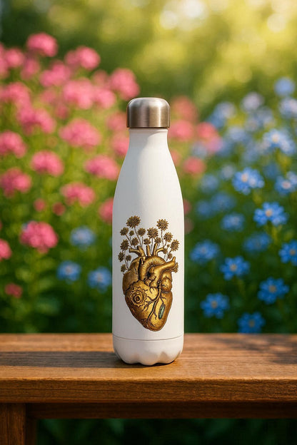 Weiße Edelstahl Trinkflasche mit isolierter Doppelwand und kunstvollem Herz-Motiv im Steampunk-Stil auf glatter Oberfläche