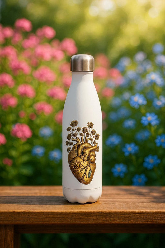 Weiße Edelstahl Trinkflasche mit isolierter Doppelwand und kunstvollem Herz-Motiv im Steampunk-Stil auf glatter Oberfläche