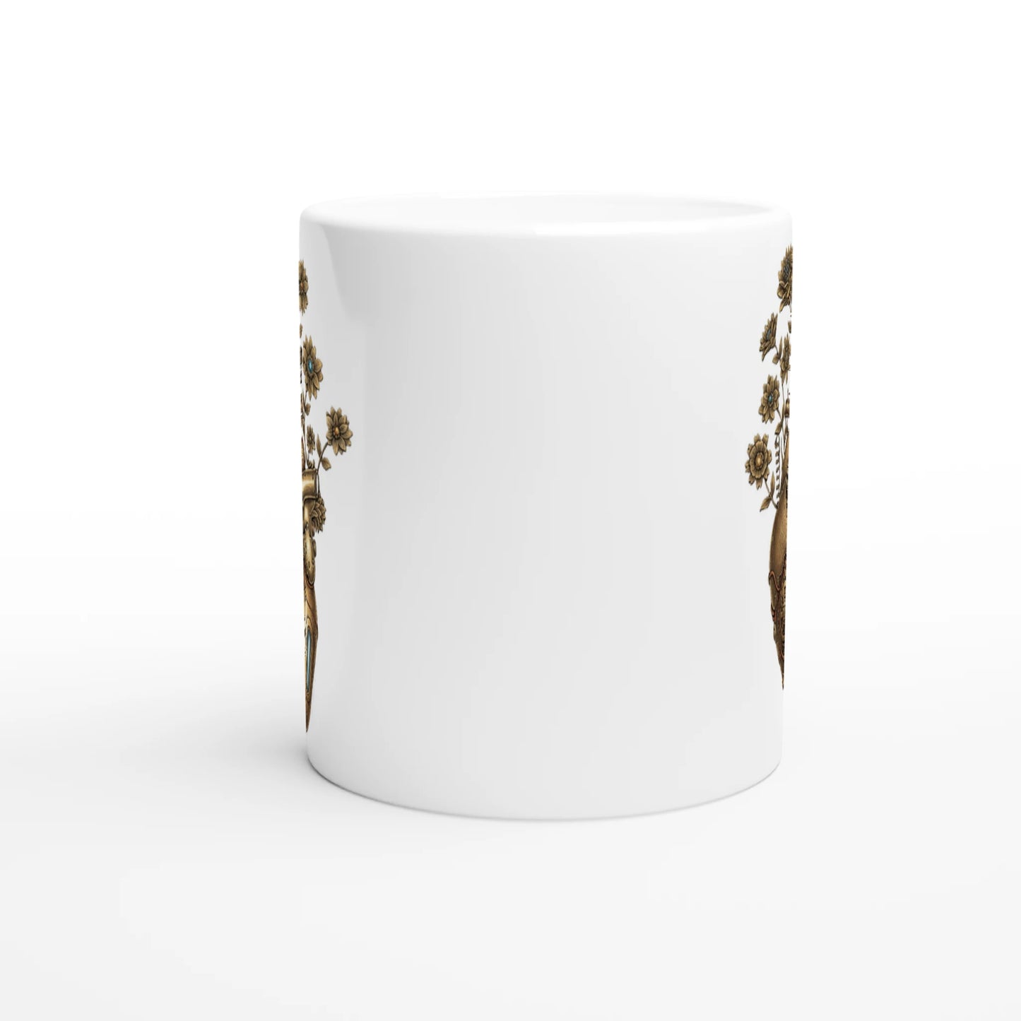 Keramiktasse mit steampunk Herz aus Zahnrädern und Blumen, braun-goldenes Kunstmotiv im Vintage Stil, ideal als Geschenk für Designfans