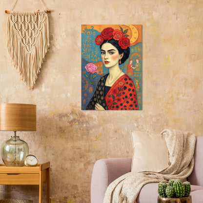 Florales Frauenporträt Poster mit roten Rosen, Boho Folk Art Illustration und Mondmotiv