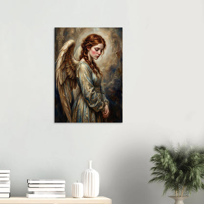 Hochwertiger Kunstdruck eines traurigen Engels mit rotem Haar und hellen Flügeln; weiche Malerei in Goldbeige, Creme und Taubenblau.