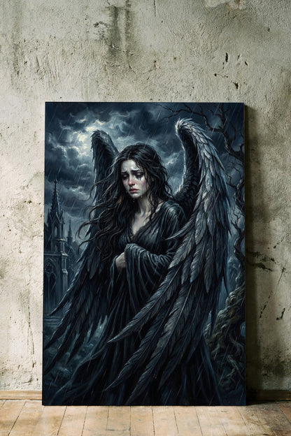 Detailreiche Dark-Fantasy-Illustration eines weinenden Engels mit großen, nassen schwarzen Flügeln, der einsam im Regen vor einer düsteren gotischen Kathedrale steht; atmosphärische Lichtakzente in Nachtblau und Silber.