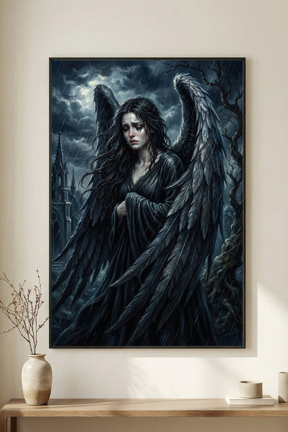 Detailreiche Dark-Fantasy-Illustration eines weinenden Engels mit großen, nassen schwarzen Flügeln, der einsam im Regen vor einer düsteren gotischen Kathedrale steht; atmosphärische Lichtakzente in Nachtblau und Silber.