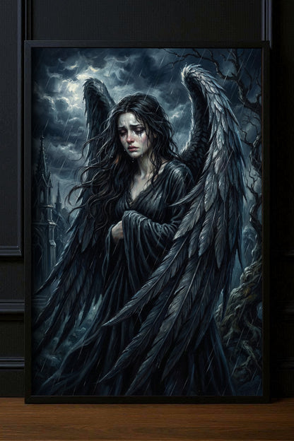 Hochwertiger Kunstdruck eines weinenden Engels mit nassen schwarzen Flügeln im Regen; düstere gotische Kathedrale im Hintergrund in Nachtblau und Anthrazit.