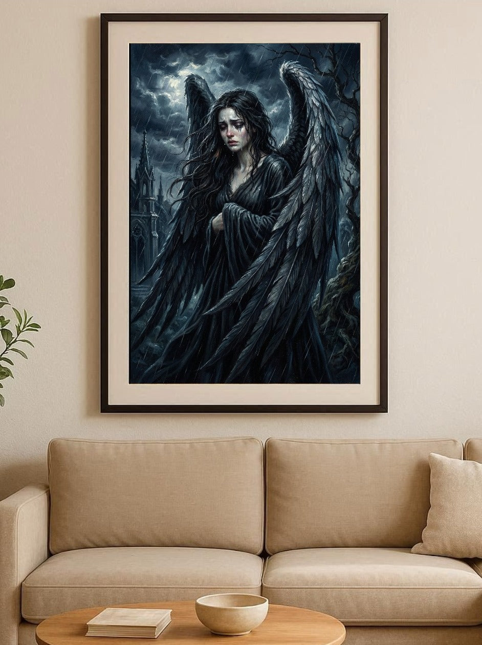 Detailreiche Dark-Fantasy-Illustration eines weinenden Engels mit großen, nassen schwarzen Flügeln, der einsam im Regen vor einer düsteren gotischen Kathedrale steht; atmosphärische Lichtakzente in Nachtblau und Silber.