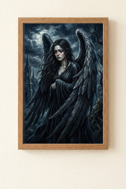 Detailreiche Dark-Fantasy-Illustration eines weinenden Engels mit großen, nassen schwarzen Flügeln, der einsam im Regen vor einer düsteren gotischen Kathedrale steht; atmosphärische Lichtakzente in Nachtblau und Silber.