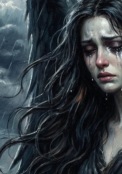 Detailreiche Dark-Fantasy-Illustration eines weinenden Engels mit großen, nassen schwarzen Flügeln, der einsam im Regen vor einer düsteren gotischen Kathedrale steht; atmosphärische Lichtakzente in Nachtblau und Silber.