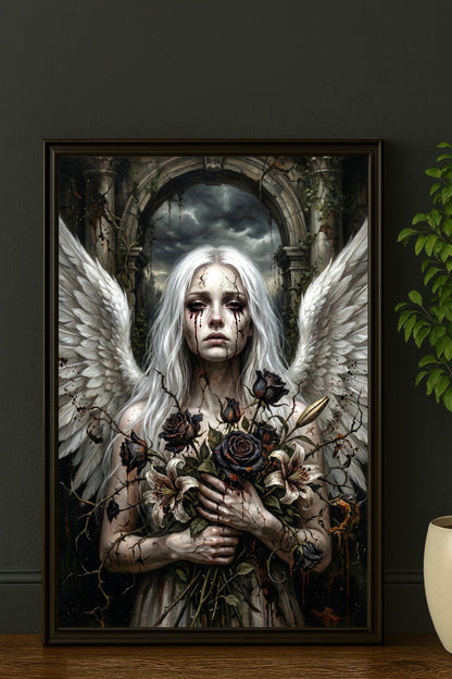 Digitales Wandbild mit Gothic-Engel, weißen Flügeln, blassem Gesicht, schwarzen Rosen und verfallener Ruinenkulisse.