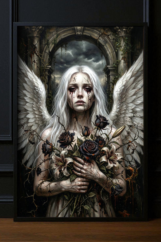 Gothic Wandbild mit weißem Engel, großen Flügeln und dunklen Rosen vor einer Steinruine – Spirituelle Dark Art Illustration für eine mystische Raumdeko.