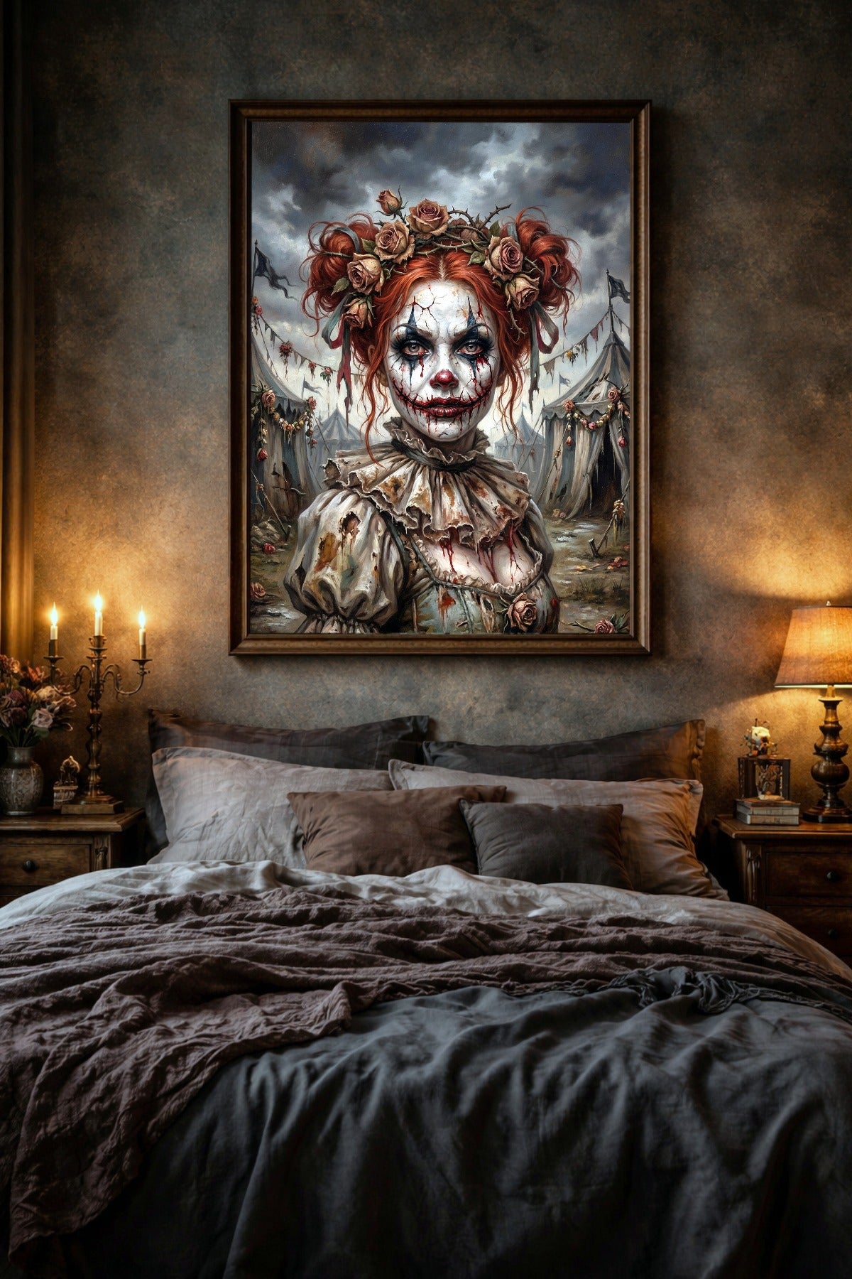 Porträt einer Horrorclown-Frau mit rissigem Gesichtsmake-up, roten Haaren und Rosen vor alten Zirkuszelten. Hochformat.