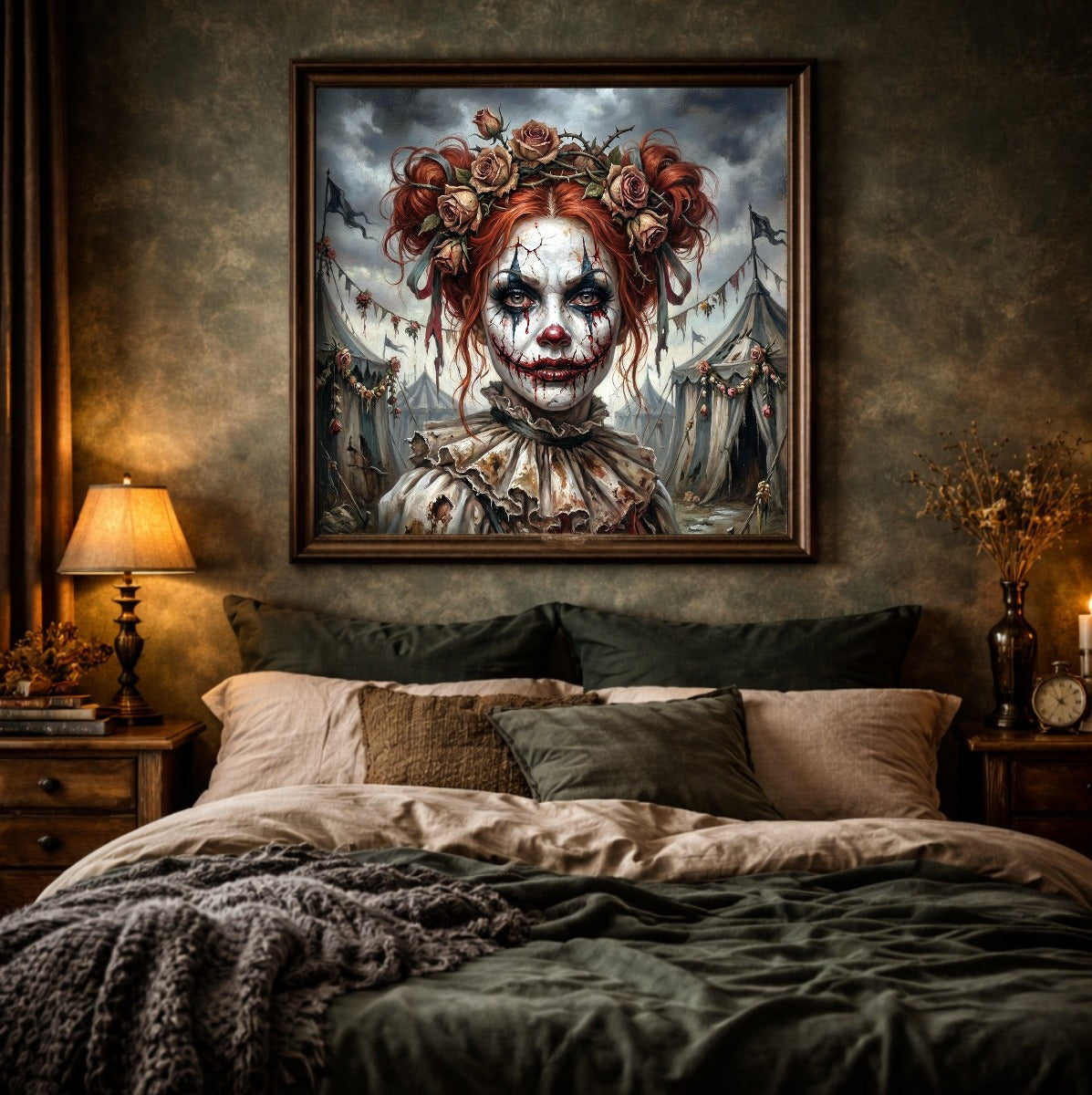 Horrorclown Wandbild mit Frau, rissigem Make-up, roten Haaren und Rosenkrone vor düsterer Zirkuskulisse. Quadrat.
