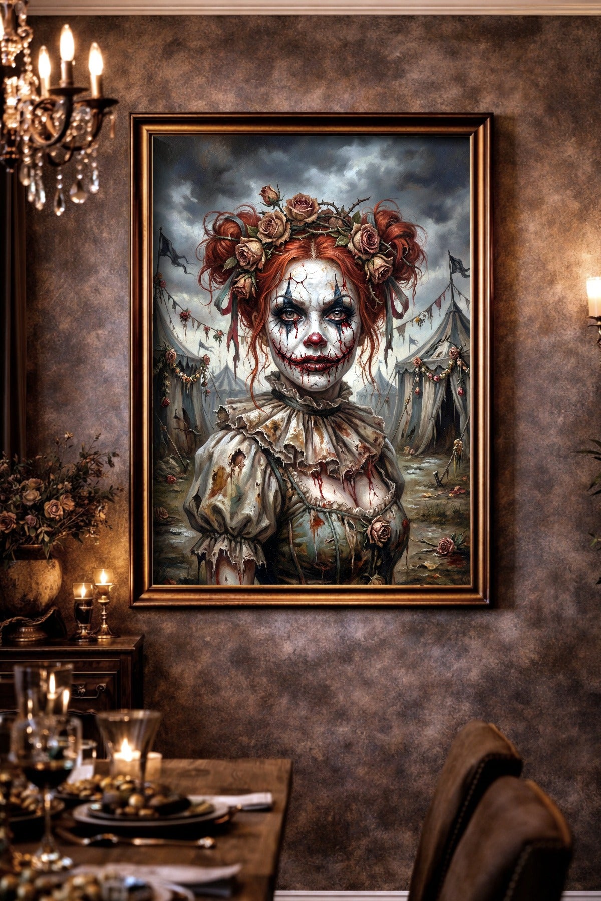 Gedrucktes Horror Clown Poster im Hochformat mit rothaarigem Frauenportrait, weißer Clownsschminke, Dornenkranz, Rosen und düsterem Circus-Noir-Hintergrund.