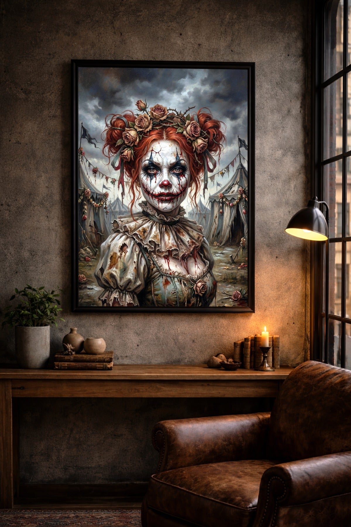 Unheimliches Clown-Porträt einer Frau mit rissigem Make-up, feuerroten Haaren und floraler Krone vor düsterem Zirkus. Hochformat.