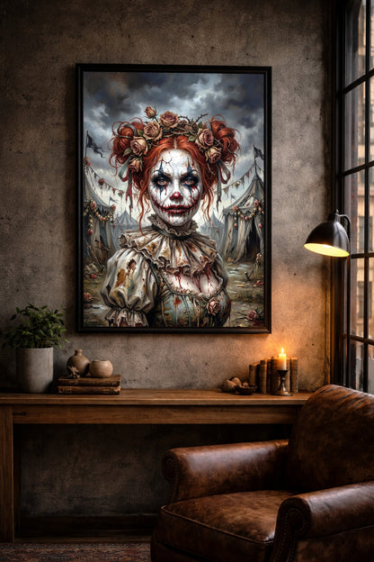 Unheimliches Clown-Porträt einer Frau mit rissigem Make-up, feuerroten Haaren und floraler Krone vor düsterem Zirkus. Hochformat.