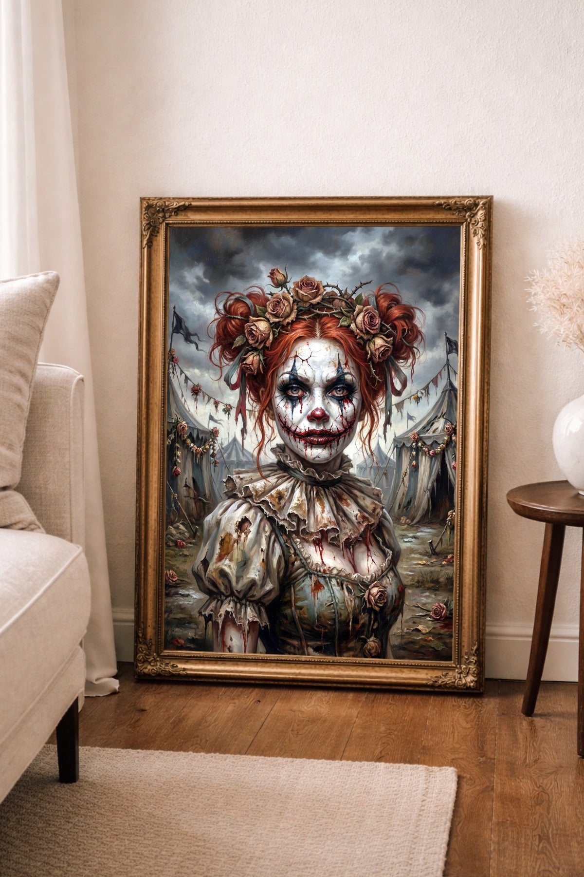 Gedrucktes Gothic Circus Poster mit weiblichem Horror Clown, rotem Haar, weiß geschminktem Gesicht, Dornenrosen und grauen Circus-Noir-Zelten.
