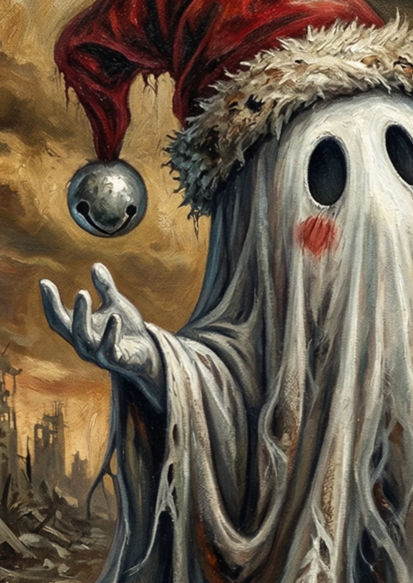 Düsteres Dark Fantasy Artwork: Ein kleiner Geist mit Weihnachtsmütze steht in einer brennenden Trümmerlandschaft mit einem zerbrochenen Globus und einem Weihnachtsbaum – Symbol für das Festhalten an Traditionen in der Apokalypse.