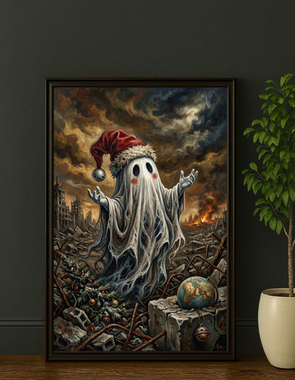 Düsteres Dark Fantasy Artwork: Ein kleiner Geist mit Weihnachtsmütze steht in einer brennenden Trümmerlandschaft mit einem zerbrochenen Globus und einem Weihnachtsbaum – Symbol für das Festhalten an Traditionen in der Apokalypse.