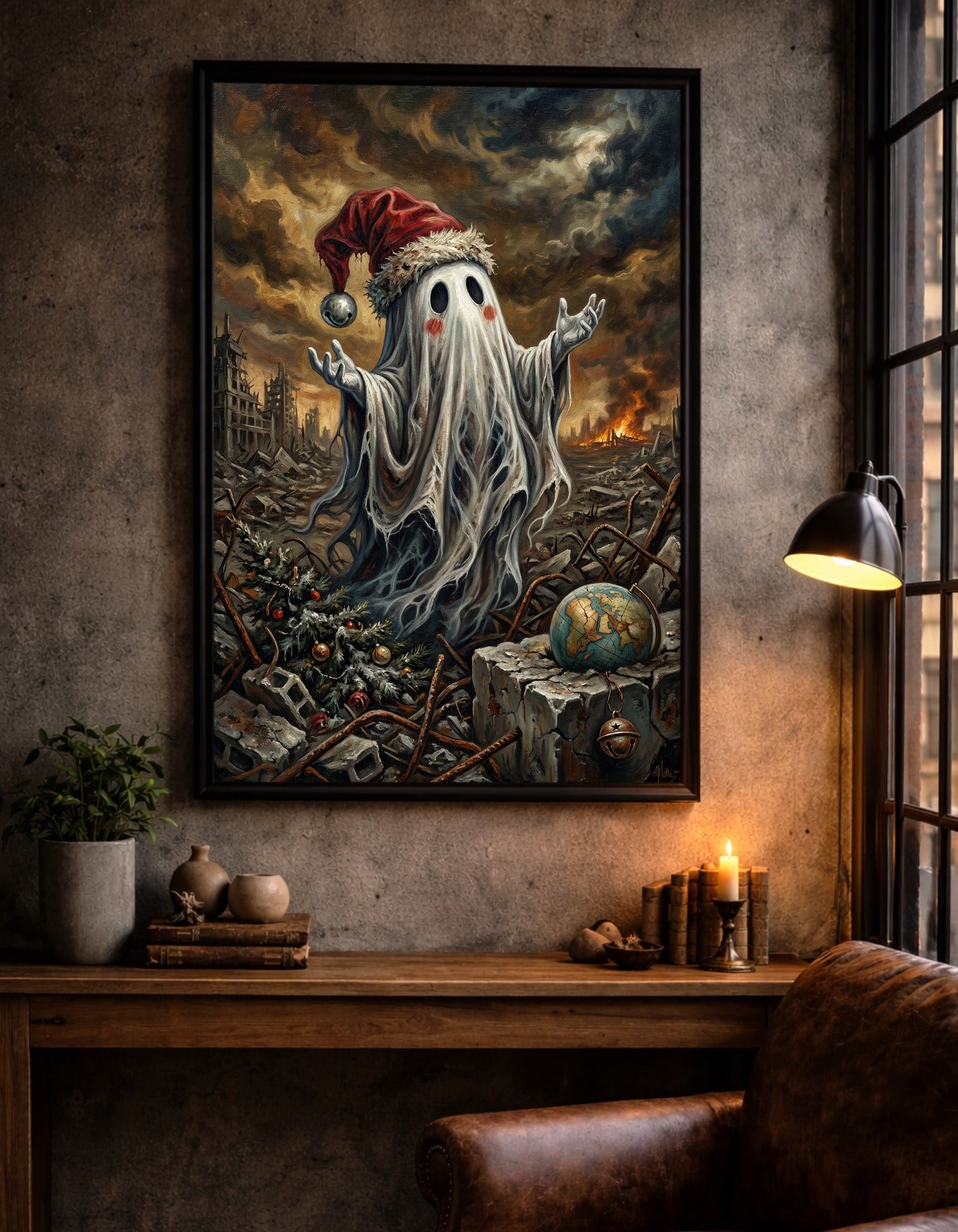 Düsteres Dark Fantasy Artwork: Ein kleiner Geist mit Weihnachtsmütze steht in einer brennenden Trümmerlandschaft mit einem zerbrochenen Globus und einem Weihnachtsbaum – Symbol für das Festhalten an Traditionen in der Apokalypse.