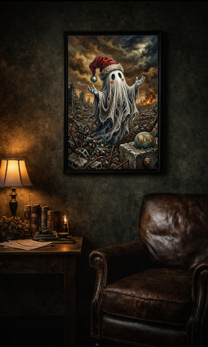 Düsteres Dark Fantasy Artwork: Ein kleiner Geist mit Weihnachtsmütze steht in einer brennenden Trümmerlandschaft mit einem zerbrochenen Globus und einem Weihnachtsbaum – Symbol für das Festhalten an Traditionen in der Apokalypse.