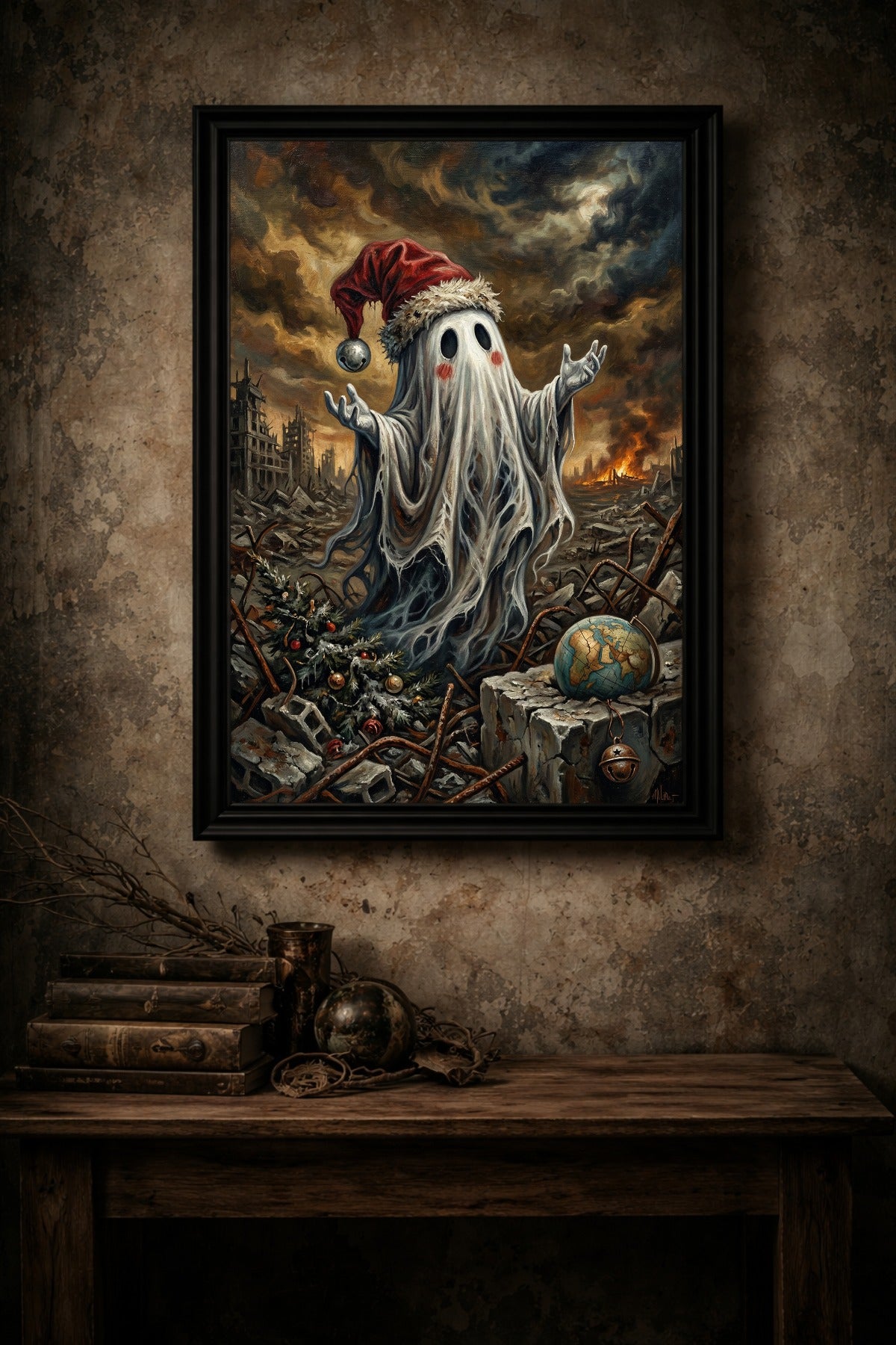 Düsteres Dark Fantasy Artwork: Ein kleiner Geist mit Weihnachtsmütze steht in einer brennenden Trümmerlandschaft mit einem zerbrochenen Globus und einem Weihnachtsbaum – Symbol für das Festhalten an Traditionen in der Apokalypse.
