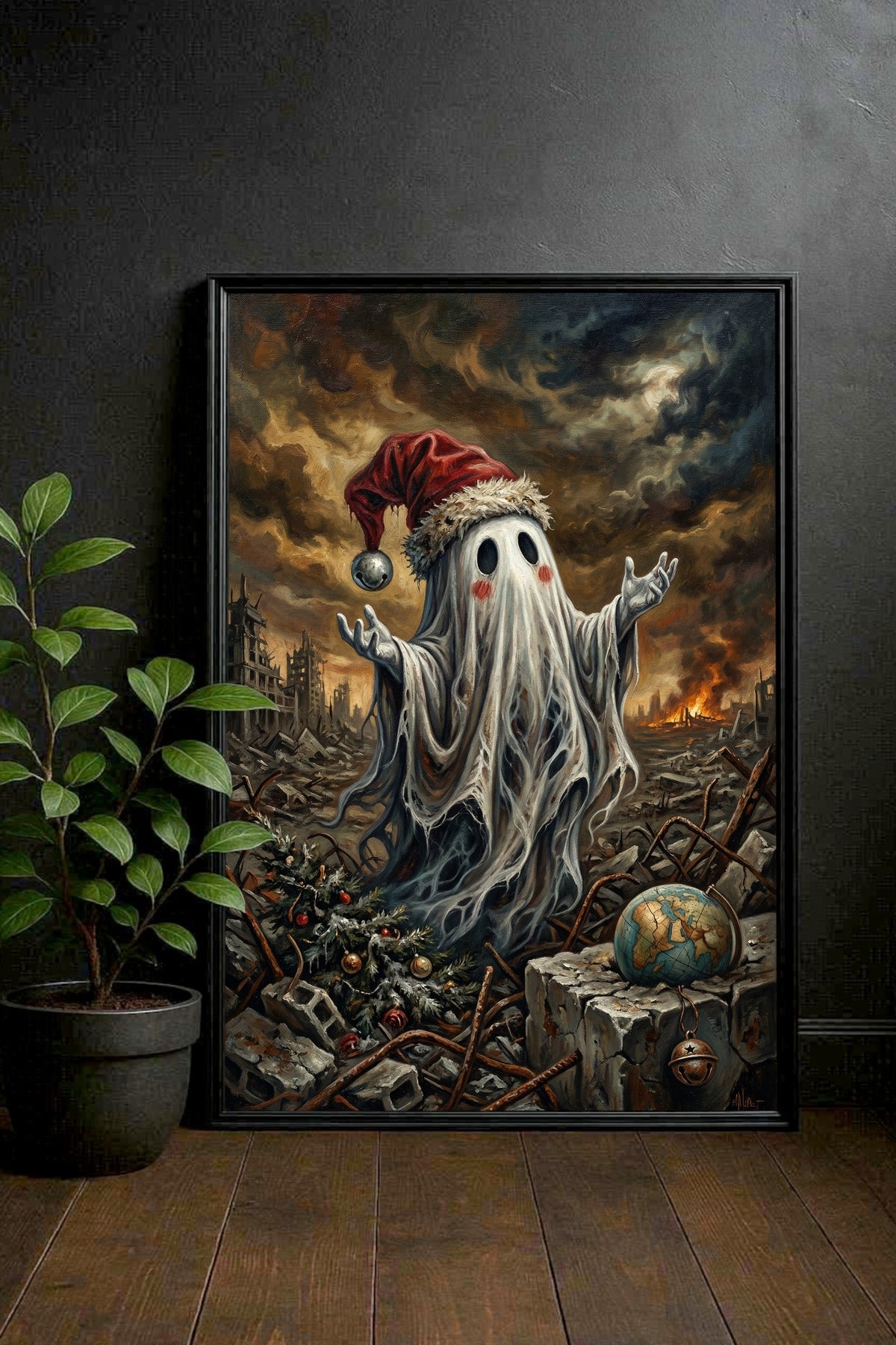 Hochwertiger Kunstdruck: Ein kleiner Geist mit roter Mütze inmitten einer brennenden Trümmerlandschaft. Das Motiv zeigt den Kontrast zwischen menschlicher Tradition (Weihnachtsbaum) und globaler Zerstörung (zerbrochener Globus).