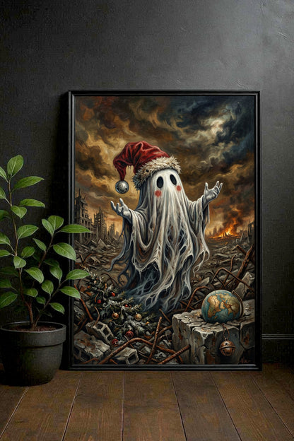 Hochwertiger Kunstdruck: Ein kleiner Geist mit roter Mütze inmitten einer brennenden Trümmerlandschaft. Das Motiv zeigt den Kontrast zwischen menschlicher Tradition (Weihnachtsbaum) und globaler Zerstörung (zerbrochener Globus).