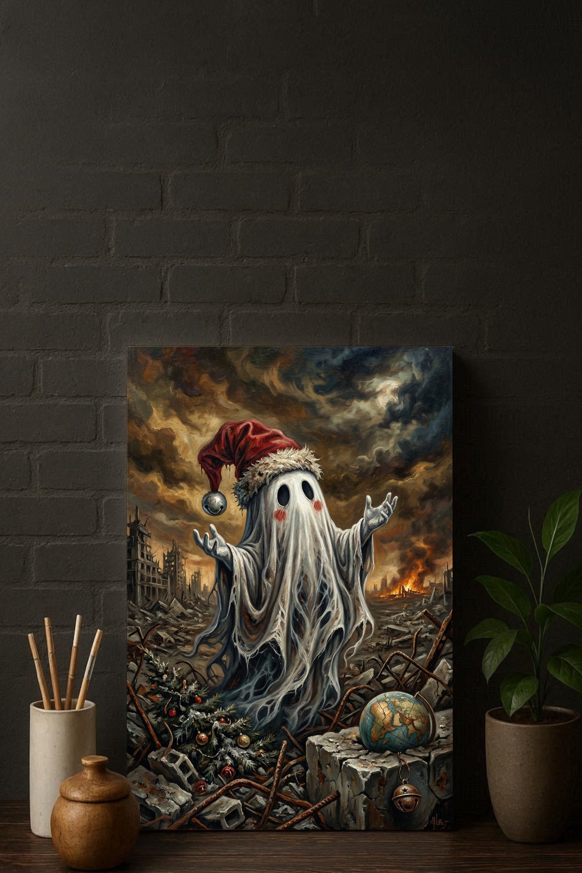 Düsteres Dark Fantasy Artwork: Ein kleiner Geist mit Weihnachtsmütze steht in einer brennenden Trümmerlandschaft mit einem zerbrochenen Globus und einem Weihnachtsbaum – Symbol für das Festhalten an Traditionen in der Apokalypse.